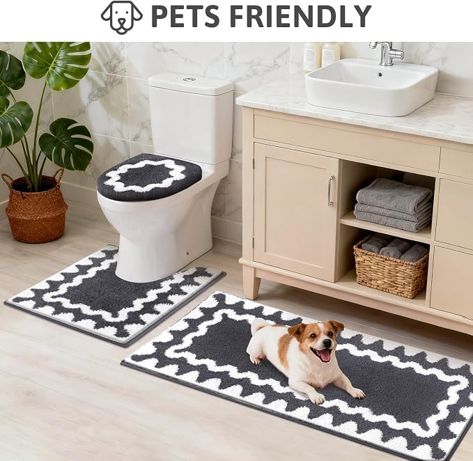 Findosom Bathroom Rugs Sets 5 Piece, Absorbent Soft Non-Slip Bath Rug Set | Washable Microfiber Shaggy Bath Mat Set with Bathroom Runner Rug, U-Shaped Toilet Rugs, Shower Rug&Toilet Lid Cover,Dark Gray