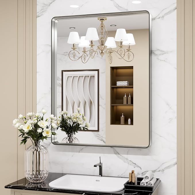 LOAAO 24X30 Inch Brushed Nickel Bathroom Mirror, Rounded Rectangle | Silver Metal Frame, Anti-Rust, Shatter Proof, Hangs Horizontally or Vertically