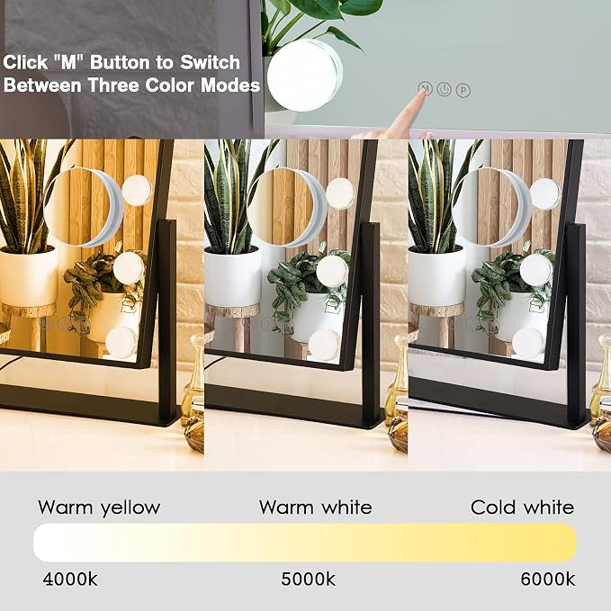 BWLLNI Vanity Mirror with Lights, Black Makeup Mirror with 9 LED Bulbs | Hollywood Mirror Touch Control Design 3 Colors Dimmable Bulbs Detachable 10X Magnification 360°Rotation