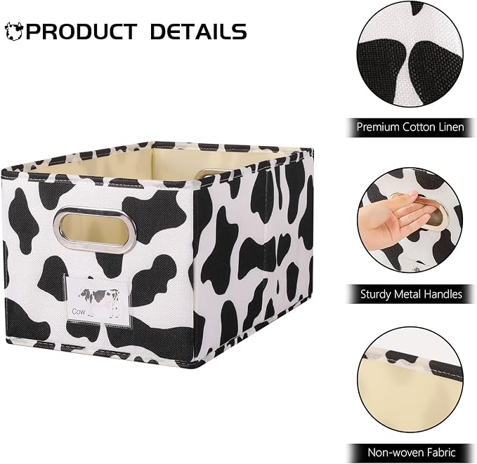 ANMINY 2PCS Fabric Storage Bin Cow Print Cotton Linen Foldable Open Storage Basket Box with Handles PP Plastic Board Label Window Pocket Decorative Washable Closet Shelf Organizer Container - Medium