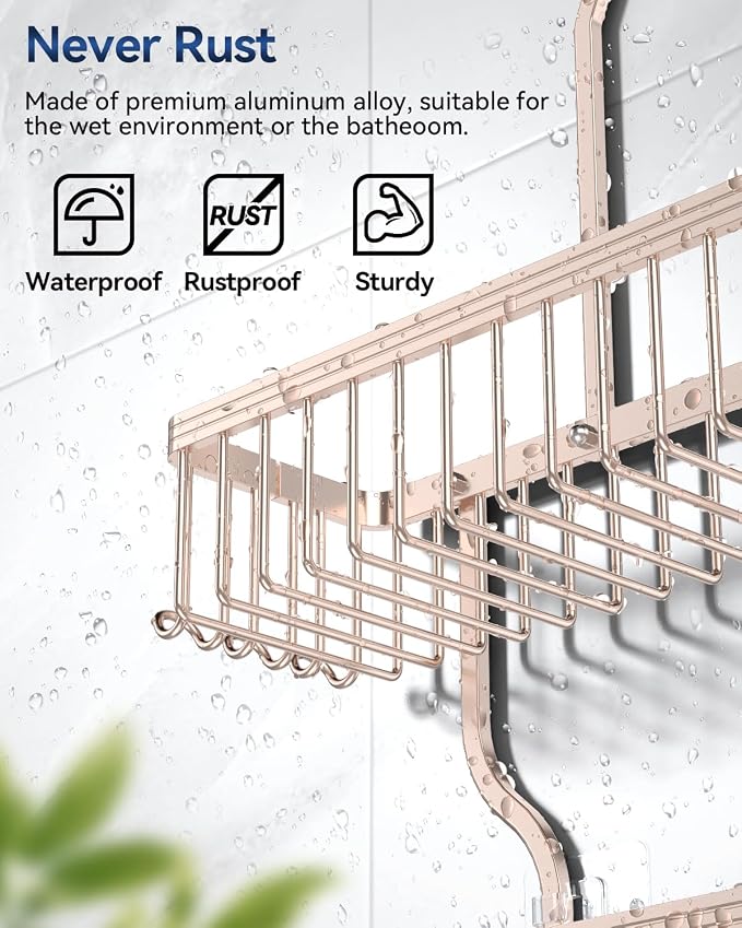 Never Rust Shower Caddy Hanging, Aluminum Shower Racks for Inside Shower, 3-Tier Shower Organizer Hanging Over Shower Head with Hooks and Soap Holder, Rose Gold