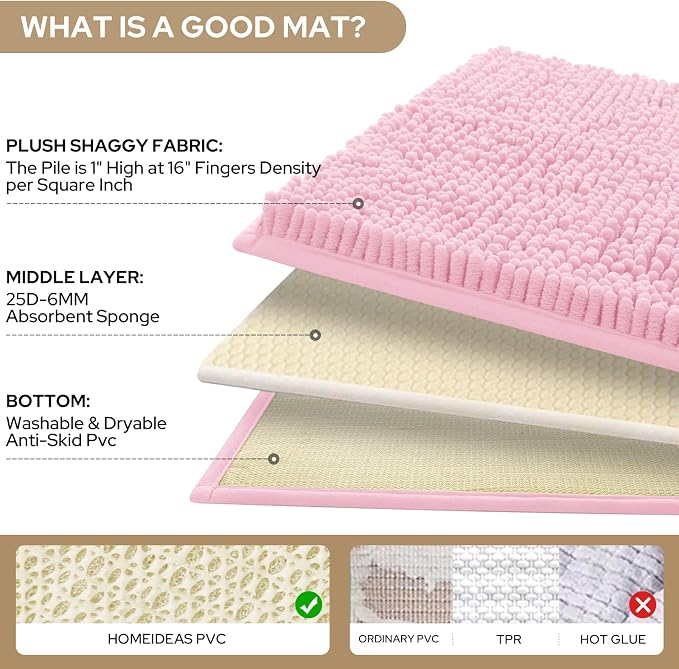 HOMEIDEAS Light Pink Chenille Bathroom Rugs Set of 3, Non Slip Bath Mat | Super Absorbent, Soft Microfiber, Machine Washable, Stain Resistant, for Bathroom Decor