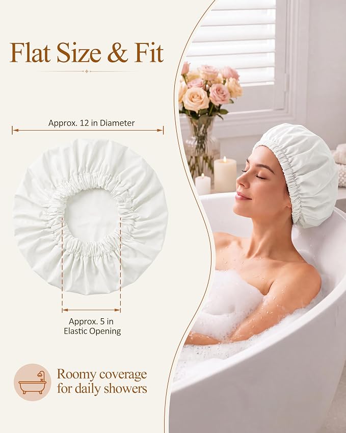 Edoneery Shower Caps for Women Reusable Waterproof, Shower Hair Cap | Washable Bonnet, Wide Elastic Band, Large Fit, Holds Long Hair, Braids Friendly, Bath Accessories, Spa, Travel