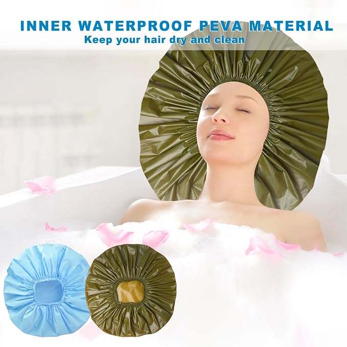 Super Jumbo Shower Cap for Women, 2 PCS Waterproof Hair Caps for Locs | Extra Large, Double Side Reusable PEVA Bath Cap, Washable, Holds Long Thick Twist Braid - Blue+Green