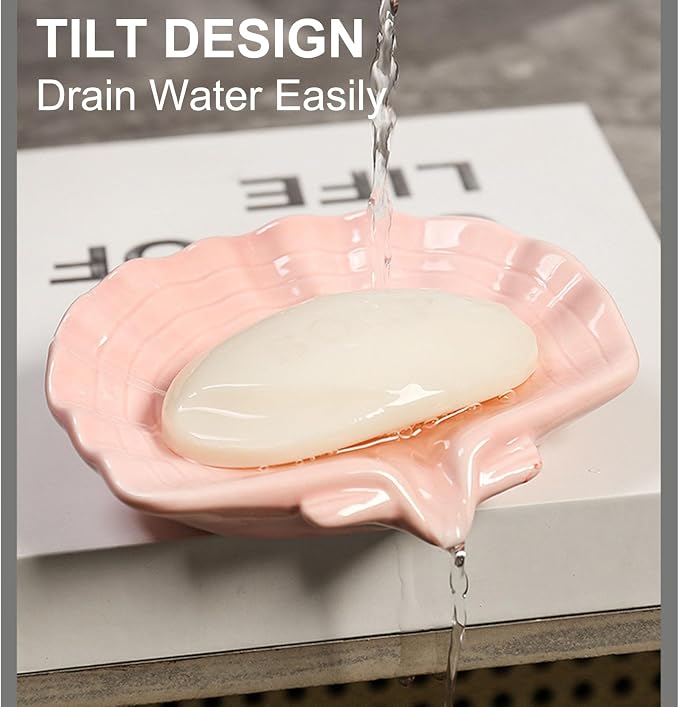 Ceramic Soap Holder, Sea-Shell Soap Tray with Self Draining, Soap Tray for Sink Washroom Bathroom Shower, Small Cute and Elegant Holder with Glaze, Easy Cleaning (Pink)