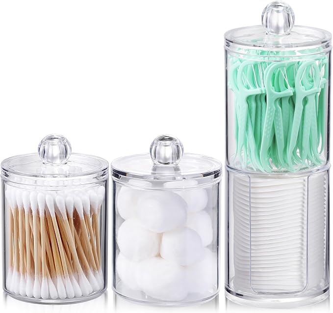 4 Pcs Acrylic Qtip Holder Dispenser for Cotton Swabs, Balls, Floss Picks | Thick, Highly Clear, w/ Labels - Small Canister Apothecary Jar Set, Bathroom Decor Essentials, Shelf Vanity Storage Organizer