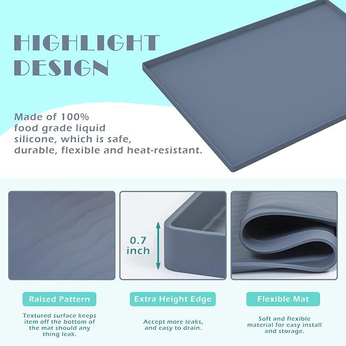 URMONA Waterproof Silicone Under Sink Mat 16'' x 10'' Shelf Liner for Kitchen and Bathroom, Cabinet and Counter Protector, Storage and Organizers, Litter Mat, Pet Cat Puppy Essentials(Light Grey)