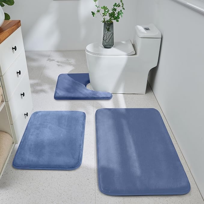 HUXMEYSON 3-Piece Memory Foam Bathroom Rug Set, Dusty Blue | Quick Dry Velvet Surface, Non-Slip & PVC Backing, Ultra Soft Bath Rugs for Bathroom, 17"x24"+20"x32"+U Shape 20"x24"