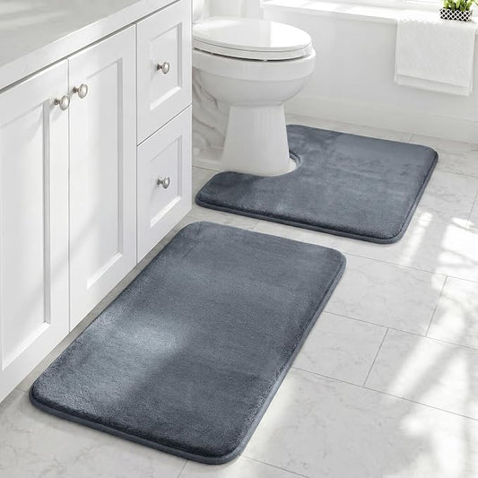 Bathroom Rugs Sets 2 Piece, Non-Slip & Quick Dry Bath Mat Set, Ultra Soft Velvet Bath Rugs for Bathroom, Toilet and Shower Floor, Grey