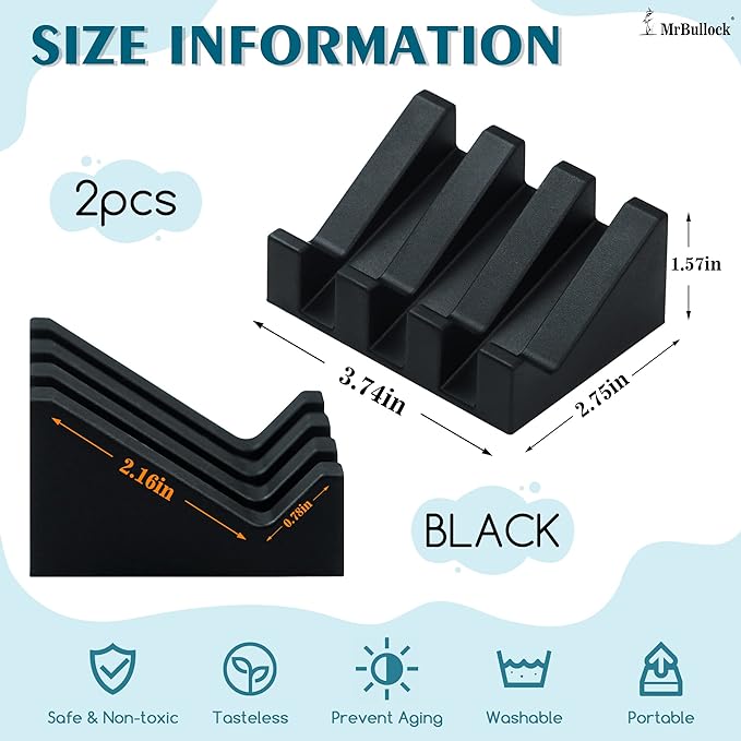 Self Draining Silicone Soap Dish Holder Waterfall Tray, 2 Pack Black | Waterfall design drains fast to keep soap dry, non-slip silicone base anti slide, soap saver for bathroom & kitchen