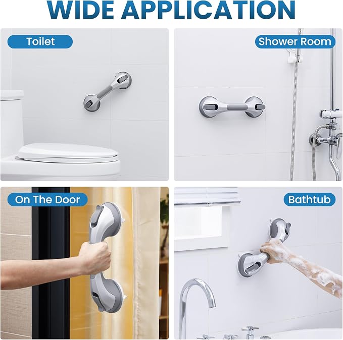 LEVERLOC Grab Bars for Shower 2 Pack Suction Bathtub Safety Rails, Heavy Duty 12 Inch Shower Handle Removable Bath Handrails for Seniors and Elderly, Bathroom Safety Grip No Drilling Waterproof Silver