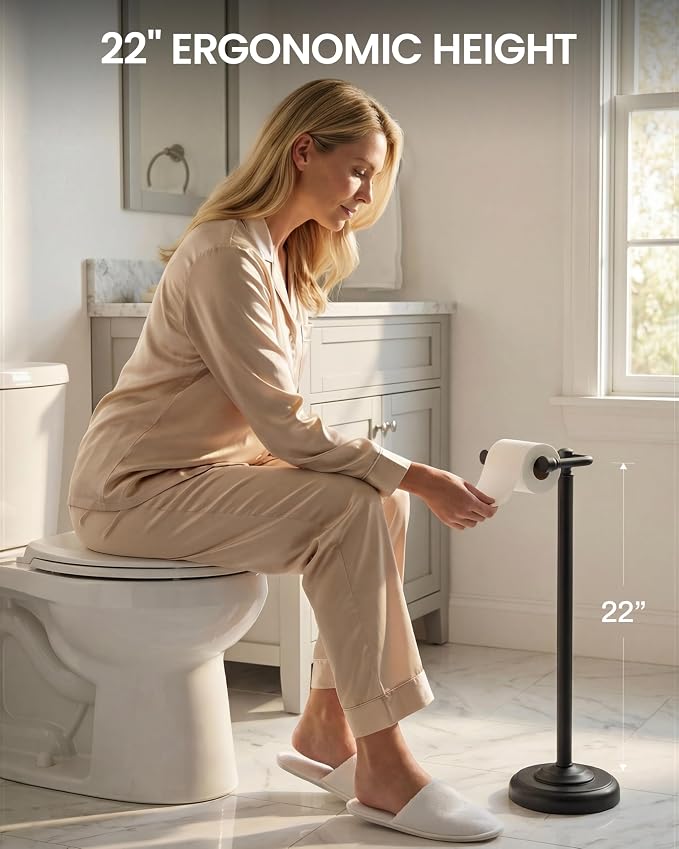 Freestanding Matte Black Toilet Paper Holder Stand, 4.82 LB Weighted Base Toilet Paper Stand, 304 Stainless Steel PVD One-Piece Pole, Pivoting Arm Fits Mega Rolls, No Drilling, 22 Inch