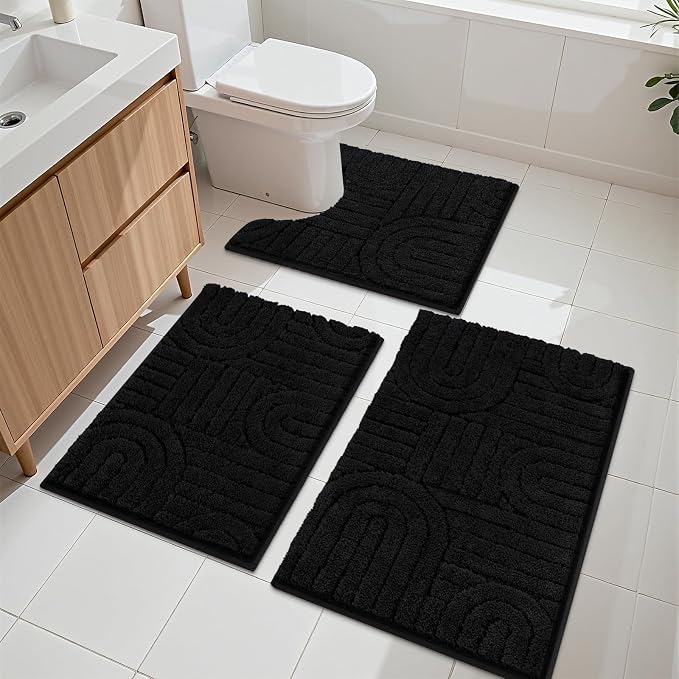 Vaukki Black Bathroom Rugs Sets 3 Piece, 32x20+26x18+24x20 Inch | Washable Non Slip Soft Bath Mats for Shower and Tub, Plush Absorbent Microfiber Toilet Rug U Shaped