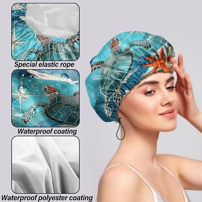 2 PCS Shower Cap Reusable Waterproof Double Layers Hair Caps Shower Bath Adjustable Elastic Hat for Women Girls Cute Aesthetic-Beach Sea Turtle