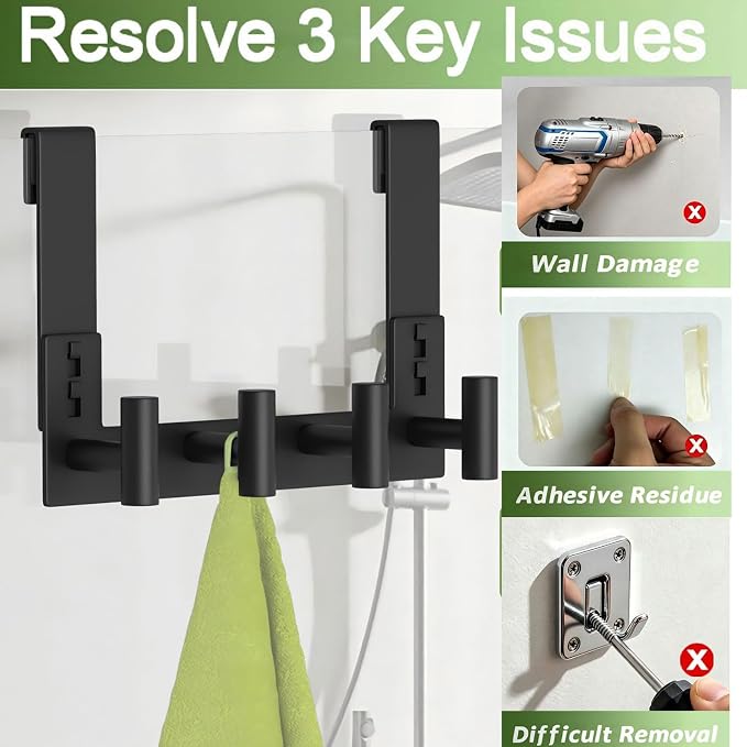 Extended Robe Door Hooks, Heavy Duty Stainless Steel Towel Hooks for Frameless Glass Shower Doors, Towel Hanger Rack, Shower Hooks for Bathroom (Black-4 Hooks, 1 Pack)