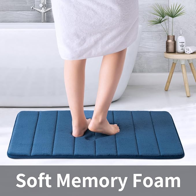 ROSMARUS Memory Foam Bath Mat, 20''x32'', Navy | Water Absorbent, Ultra Soft, Non Slip, Thick Foam, Bathroom Rugs for Floor & Tub, Machine Washable Care