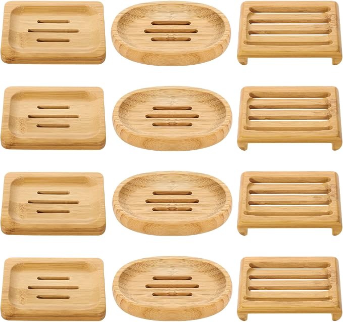 Pimoys 12 Pcs Bamboo Soap Dishes, Wooden Soap Tray, Shampoo Bar Holder, Bar Soap Holder for Bathroom, Kitchen (3 Size)