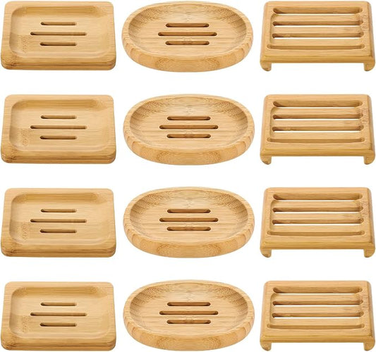 Pimoys 12 Pcs Bamboo Soap Dishes, Wooden Soap Tray, Shampoo Bar Holder, Bar Soap Holder for Bathroom, Kitchen (3 Size)