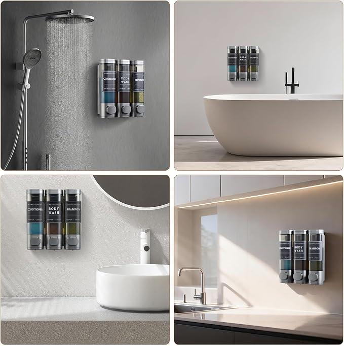Shampoo and Conditioner Dispenser,Shower Soap Dispenser 3 Chamber No Drill Wall-Mounted for Bathroom & Hotel Leak-Proof Pumps, for Thick Liquids Like Conditioner - 1050ML High Capacity, Gun Gray