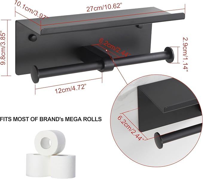 Black Toilet Paper Roll Holder with Shelf Wall Mounted for Bathroom (Black, Double Head)
