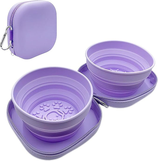 Portable Dog Bowl, Collapsible 2-in-1 Travel Dog Bowls with Carabiner Clip, Silicone Double Pet Food and Water Dish for Outdoor Camping and Hiking (Purple)