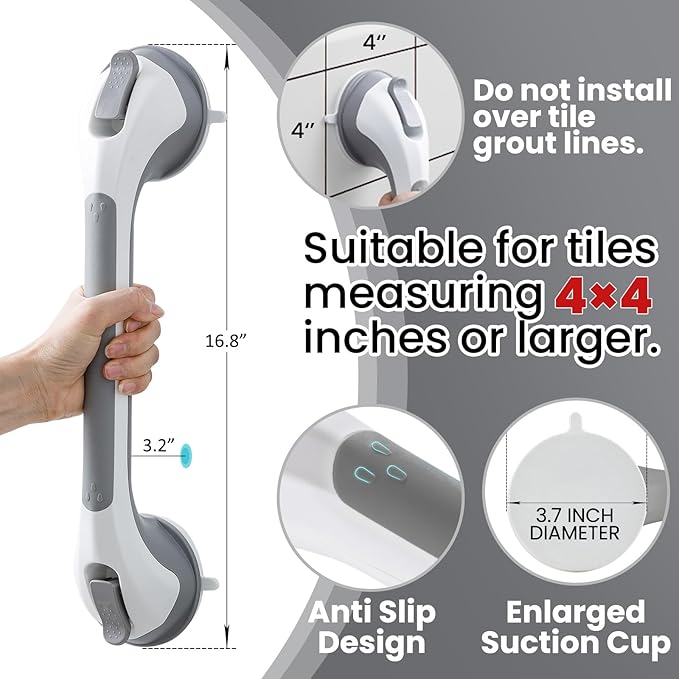 TAILI Shower Grab Bar 16 Inch Suction Cup Grab Bars for Bathroom, Removable Shower Safety Handle Heavy Duty Bathtub Grip for Seniors & Elderly, Strong Handrails No Drilling Waterproof, Grey,G9