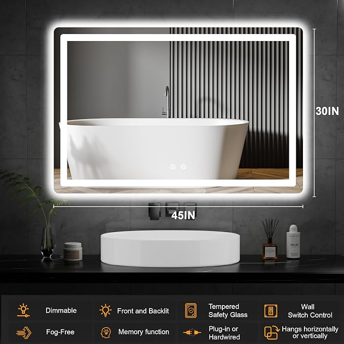 TRAHOME LED Bathroom Vanity Mirror with Lights, 30"x45" Lighted Wall Mirror | Front and Backlit, Anti Fog, Dimmable 3 Color Lighting, Memory Function, Shatterproof Glass, Plug in or Hardwired