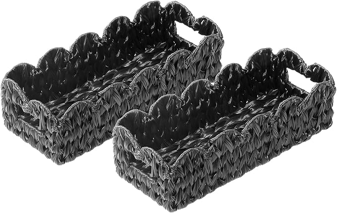 Coeusy Balck Toilet Basket,Set of 2 Scalloped Wicker Basket with Built-in Handles,Long Back of Toilet Baskets for Shelf,Tank Topper,Countertop,Rectangle