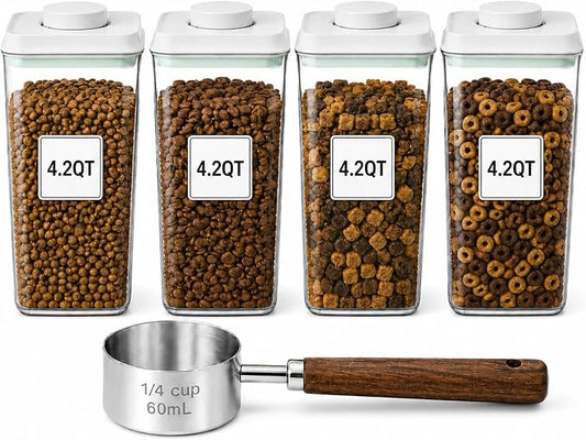 Pet Dog-Cat Airtight Food Storage-Container - 4.2Qt/4L jar(4Pc) with lid and 1/4Cup scoop | Holds 12–20 pounds of dry pet food | BPA-Free