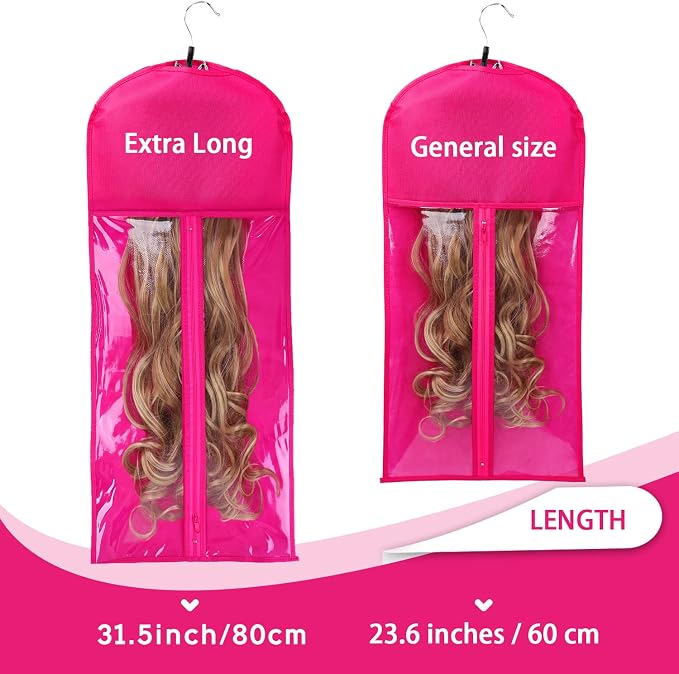 3PCS Extra Long Wig Storage Bag with Wooden Hanger Hair Extension Storage Bag with Hanger Portable Dust-proof Portable Suit with Transparent Zip Up for Hairpiece （Rose