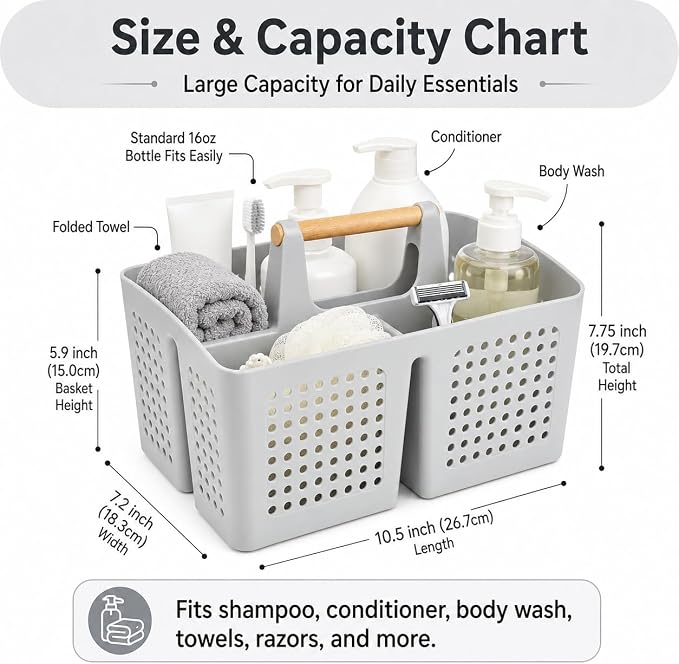 Portable Shower Caddy Basket with Wood Handle, 3-Compartment Bathroom Organizer Tote with Drain Holes, Plastic Shower Basket for Dorm, Toiletries, Cleaning Supplies,Light Gray