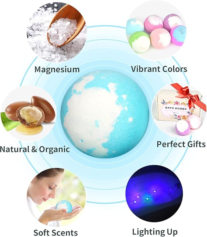 Light Up Bath Bombs with Surprise Inside, 4.23 oz XL Natural Gift Set 6 | with Essential Oils, Magnesium Large Bath Bombs for Women Relaxing Spa Skin Moisturize Gifts for Women