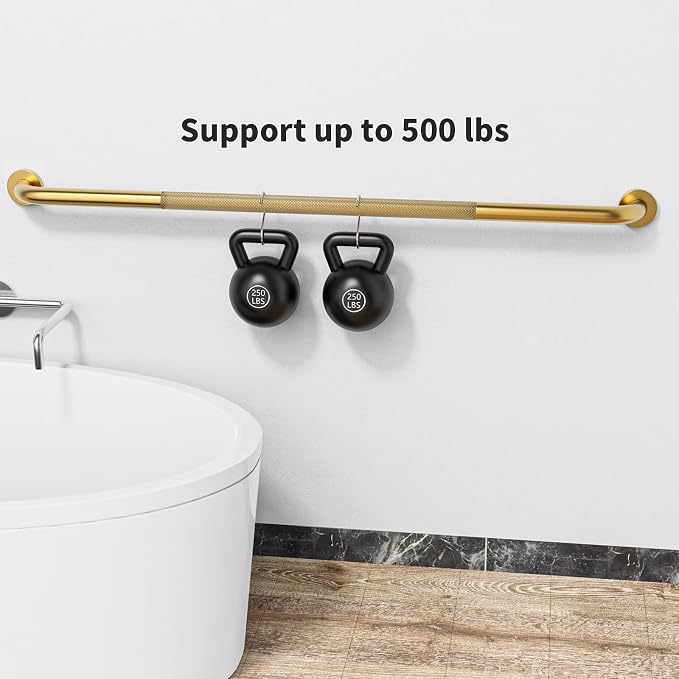 47 Inch Brushed Gold Shower Grab Bar w/Anti-Slip Knurled Grip,YuanDe Stainless Steel Bathroom Grab Bars,Handicap Injury Elderly Senior Assist Support Shower Handle