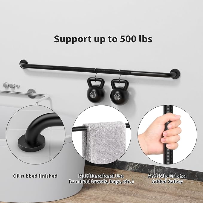 48 Inch Anti Slip Shower Grab Bar, Munzong Bathroom Grab Bar for Wall, Black Knurled Handicap Balance Bar,Safety Hand Rail Support Elderly Senior Assist Bath Handle