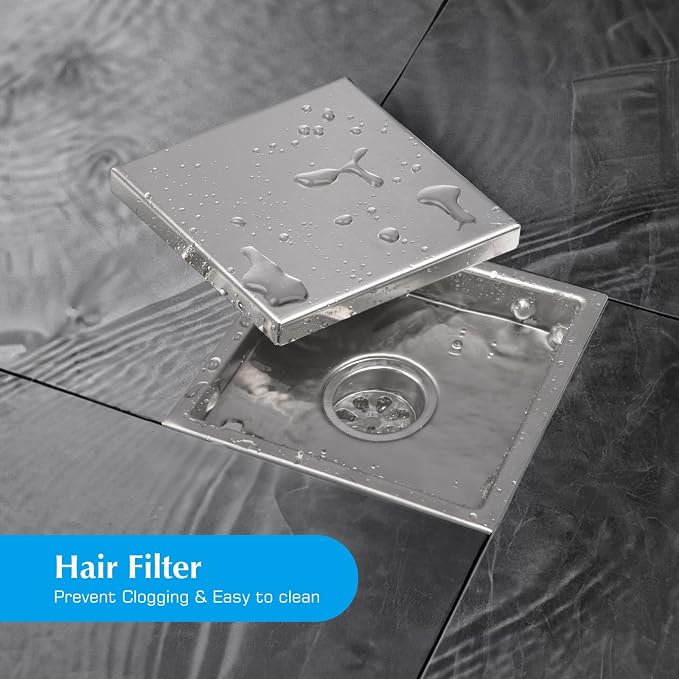 Square Shower Drain, Silver Shower Drain 6 inch with Flange and 2 in 1 Tile-Insert Cover, AISI 304 Stainless Steel Shower Floor Drain with Hair Catcher and Flange
