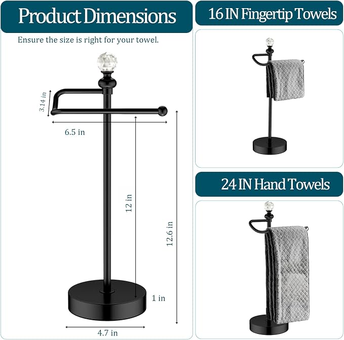 ROLABAM Bath Hand Towel Holder Stand, 2 Pack Stainless Steel Black Towel Rack Hand Holder for Bathroom, Small Countertop Free Standing Hand Towel Rack with Heavy Base (Matte Black, 2 Pack)