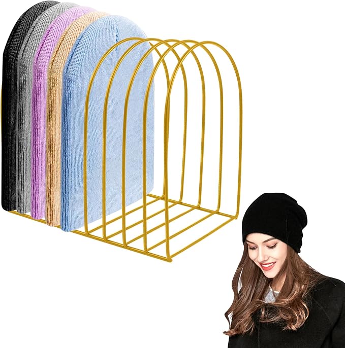 Beanie Holder Organizer, Knitted Hat Storage Rack Display Stand Metal Cap Holder for Winter Swimming Hat Display Home Entryway Tabletop Bedroom Closet Dresser Room Office (Gold, 1 Pcs)