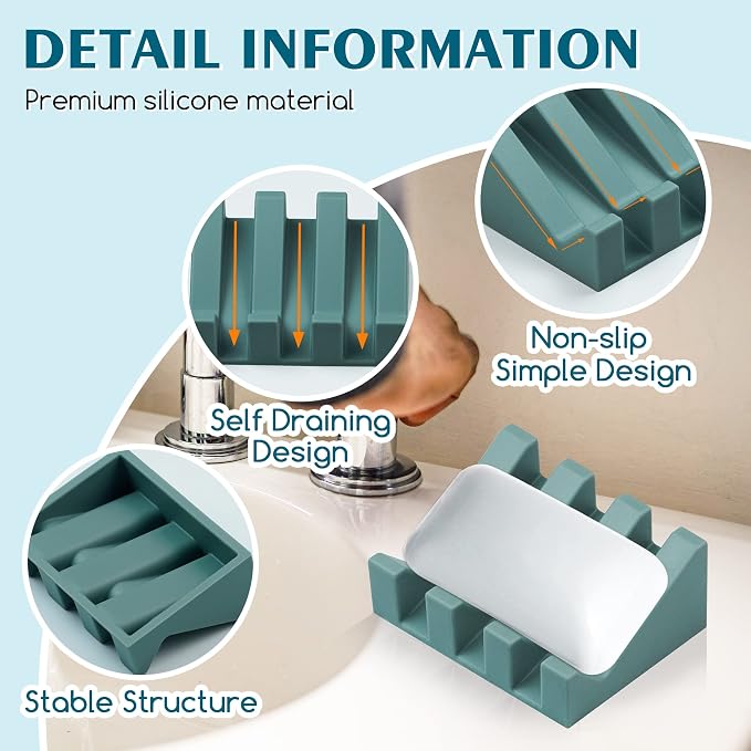 Silicone Soap Dish Self Draining for Shower & Kitchen (Green-Black) | Waterfall drainage design drains fast to keep soap dry; non-slip silicone base, practical soap saver for bathroom & kitchen