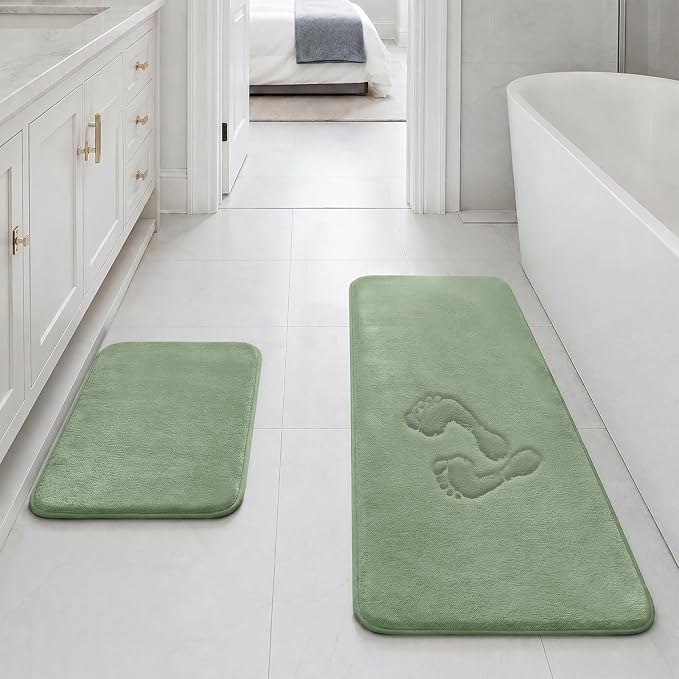 Bathroom Rugs Sets 2 Piece, Non-Slip & Quick Dry Bath Mat Set, Ultra Soft Velvet Bath Rugs for Bathroom, Toilet and Shower Floor, Grey Green