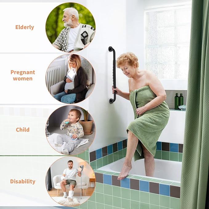 2 Pack 24 Inch Black Shower Grab Bar w/Anti Slip Rubber Grip,ZUEXT Stainless Steel Bath Grab Bar,Bathroom Balance Bar,Wall Mount Safety Handrail Support,Handicap Injury Elderly Senior Assist Handle