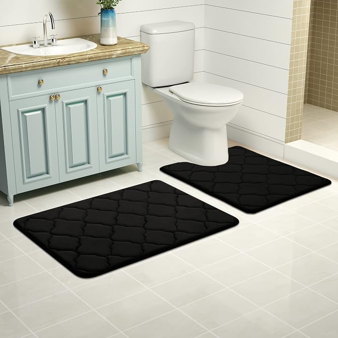 OLANLY Memory Foam Toilet Rugs U-Shaped 24x20, Ultra Soft and Absorbent Bathroom Rugs, Non-Slip, Comfortable, Machine Washable Contour Bath Mat for Toilet Base, Home Decor Accessories, Black | Thick Absorbent Carpet, Non-Slip Backing, Machine Washable,...