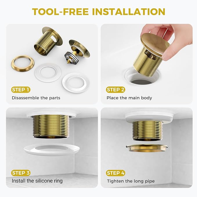 BOTEMY Solid Brass Pop-Up Drain for Freestanding Tubs, Tool-Free Installation Bathtub Drain Stopper with Brushed Gold Finish, Universal Fit 1.8" Hole Size, Leak-Proof Heavy Duty Design (Brushed Gold)