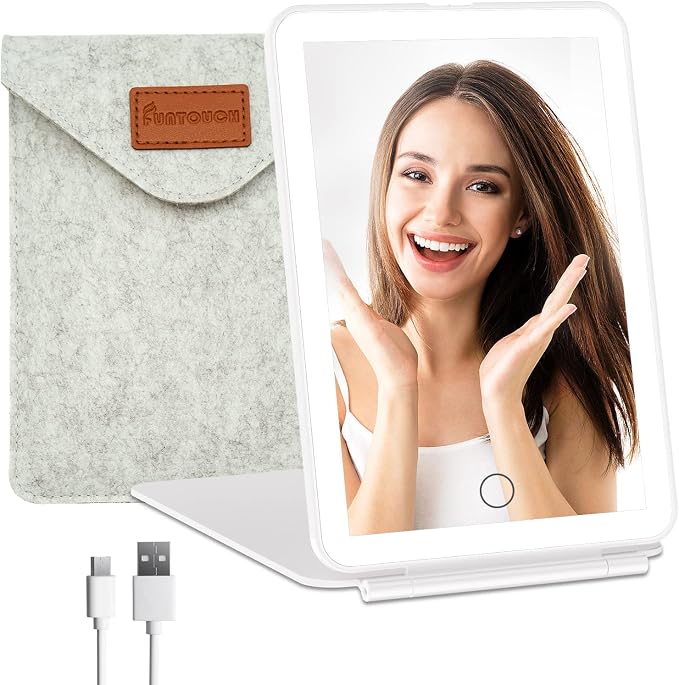 FUNTOUCH Rechargeable Travel Makeup Vanity Mirror with Lights Storage Bag | Portable Lighted Beauty Mirror, 3 Lighting Modes, Dimmable Touch Screen, Tabletop Folding Cosmetic Mirror with Storage Bag