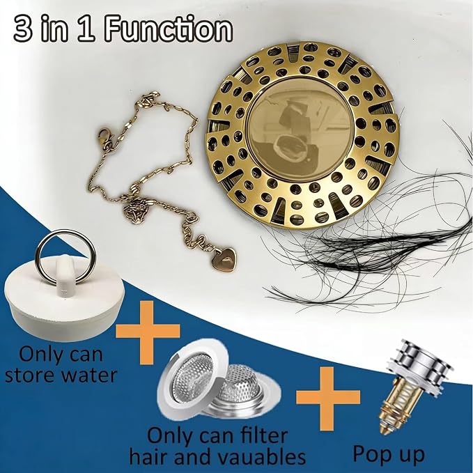 AzWzz Bathtub Drain Stopper,Pop Up Tub Stopper Plug with Hair Catcher Cover | All-metal, Universal for 1.45 in to 1.8 in Tub Drain, Brushed Gold