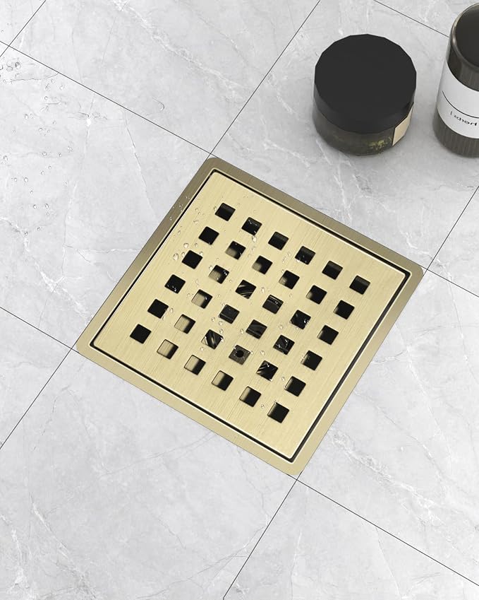 4 Inch Titanium Gold Shower Drain, Modern 304 Stainless Steel Square Shower Drain for Bathroom, Brushed Gold Shower Floor Drain with Grate Removable, Hair Strainer