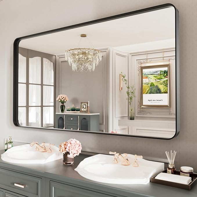 LOAAO Black Metal Framed Bathroom Mirror for Wall, Large 55X30 Inch Rounded Rectangle Mirror, Matte Black Bathroom Vanity Mirror Farmhouse, Anti-Rust, Tempered Glass, Hangs Horizontally or Vertically | Rounded Rectangle, Matte Black Bathroom Vanity Mir...
