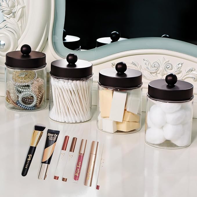 Amolliar Acrylic Apothecary Jar Bathroom Qtip Holder Bronze 6 Pack | for Bathroom Storage Vanity , Countertop, Farmhouse Style, Holds Cotton Swabs, Dental Floss, Makeup Sponges,Home Decor