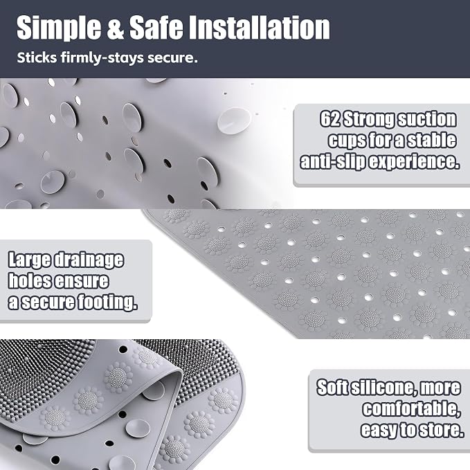Bathtub Shower Mat Non Slip, 28.7x18.9 inch Silicone Bathroom Mat with Foot Scrubber on Both Sides, Drain Hole and Suction Cups, Machine Washable Bath Mats for Elderly, Pet (Gray)
