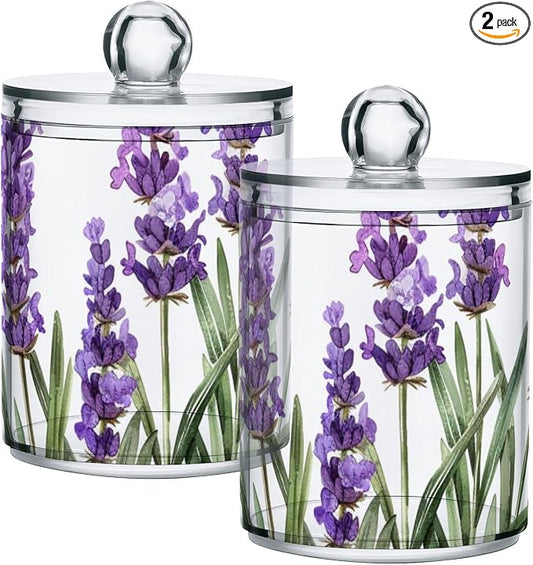 2 Pack Qtip Holder Dispenser for Cotton Ball Purple Lavender Watercolor Flower Cotton Swab Round Pads Clear Plastic Acrylic Jar Set Bathroom Canister