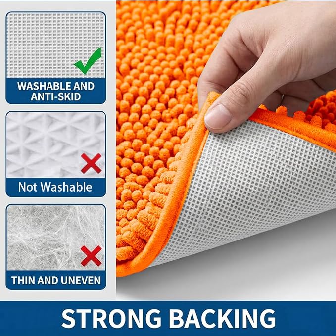 Bathroom Rugs Sets 2 Piece,Super Absorbent Chenille Bath Mats and U-Shaped Toilet Rug,Strong PVC Non Slip Backing,Microfiber Washable Dry Quickly Bath Mats for Bathroom(20"x32"+20"x20"U, Orange)
